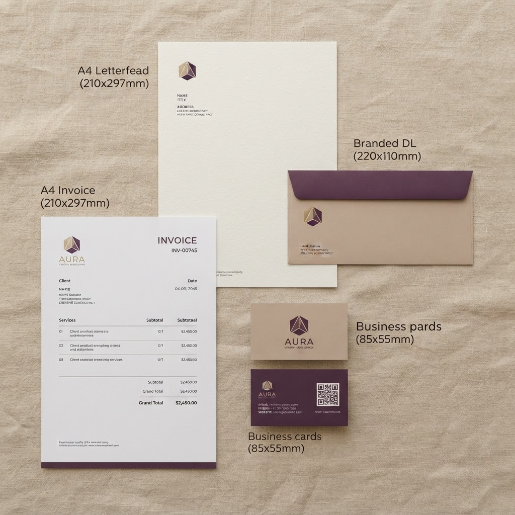Business Stationery Design Package showing branded business card with QR code, letterhead, envelope, and invoice